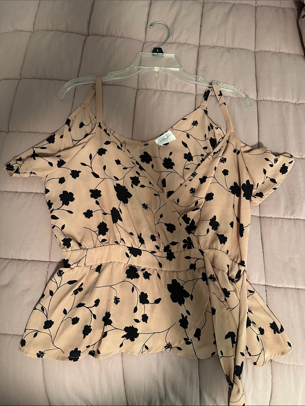 Rue21 Blush Pink Cold-Shoulder Wrap Camisole with Black Floral Print